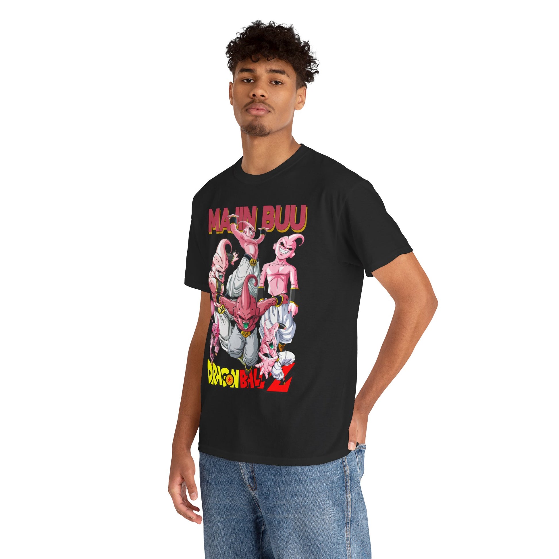 Male model wearing a black t-shirt adorned with vibrant Majin Buu characters from Dragon Ball Z, exuding contemporary streetwear elegance.
