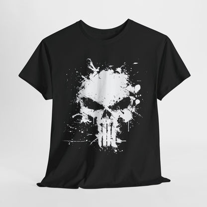 The Punisher Splatter icon Unisex Men´s Women´s Graphic T Shirt Tee featuring a striking white skull design against a black background, embodying boldness and rebellious style.