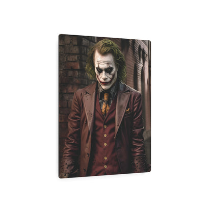 Side view of the Joker Metal Art Poster, showcasing the rich textures and captivating portrayal of the Dark Knight villain, perfect for upscale home decor in premium matte aluminium.