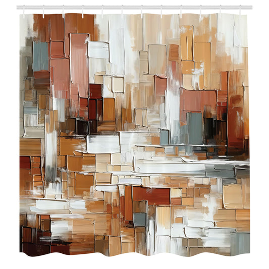 ABAKUHAUS Brown Shower Curtain, Nude Warm Palette Brushstroke, Cloth Fabric Bathroom Decor Set with Hooks, 175 x 200 cm, Cinnamon Amber Blue-Grey