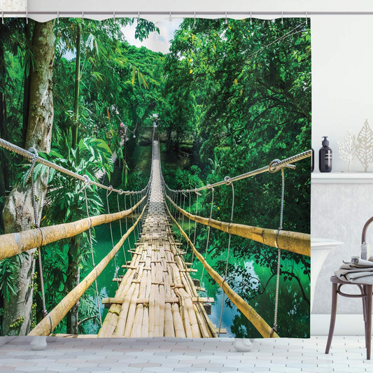 ABAKUHAUS Tropical Shower Curtain, Bamboo Pedestrian Suspension Bridge over River in Tropical Forest Philippines, Cloth Fabric Bathroom Decor Set with