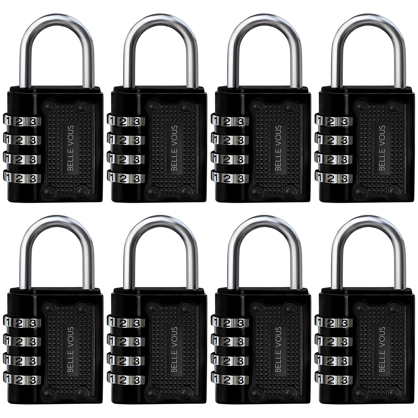 Belle Vous Padlocks with Code Set of 8 - Black Digit Combination Padlock Outdoor - Heavy Duty Waterproof Indoor/Outdoor Security Lock for Gym School
