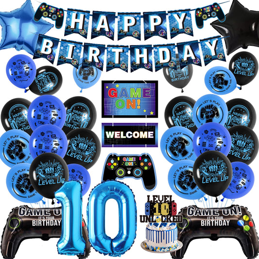 10th Birthday Banner Decorations Kids - Blue Double digits Gaming Party Decor Set with Controller Foil Balloons, Happy Birthday Banners Balloon Cake