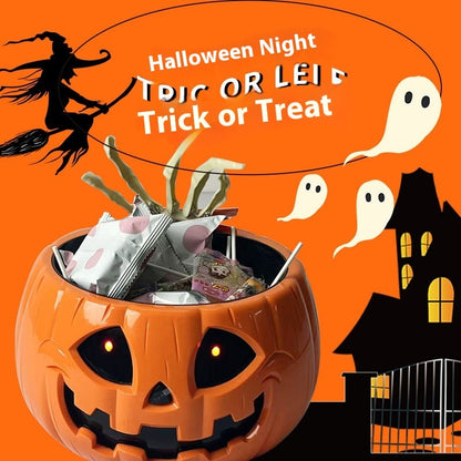 Children's Creative Electric Halloween Pumpkin Lamp Candy Bowl showcasing a whimsical pumpkin overflowing with sweets, an enchanting addition to Halloween festivities.