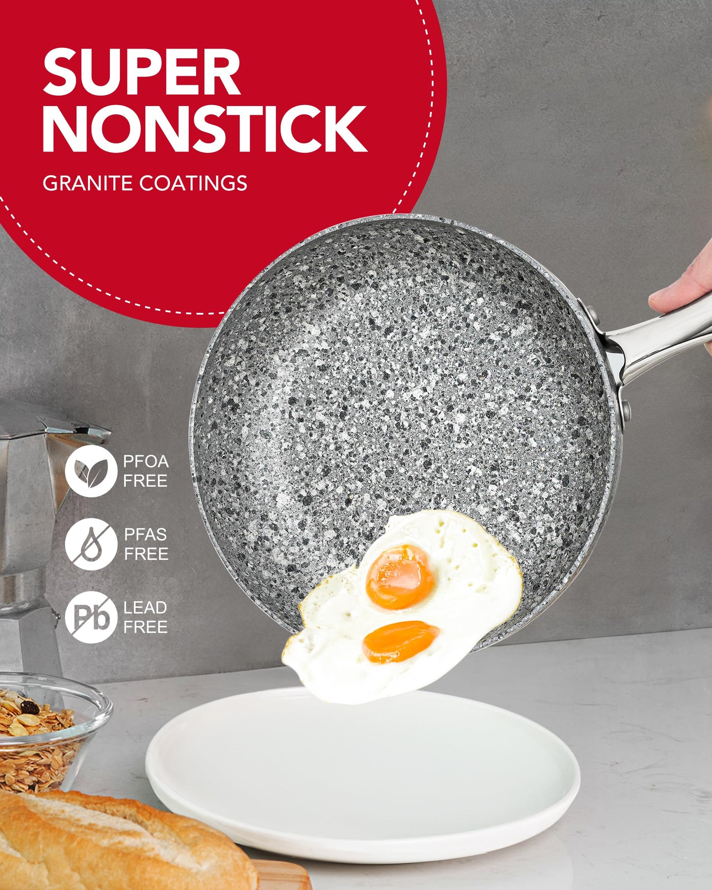 MICHELANGELO Non Stick Frying Pan with Lid 30CM, Non Stick Stone-Derived Coating, Large Pan, Induction Compatible-Oven Safe