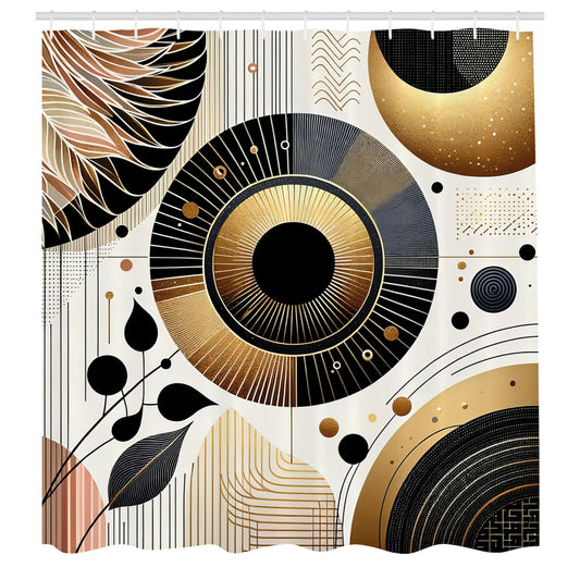 ABAKUHAUS Modern Shower Curtain, Mid Century Art Rounds Space, Cloth Fabric Bathroom Decor Set with Hooks, 175 x 200 cm, Pale Coffee Dark Grey