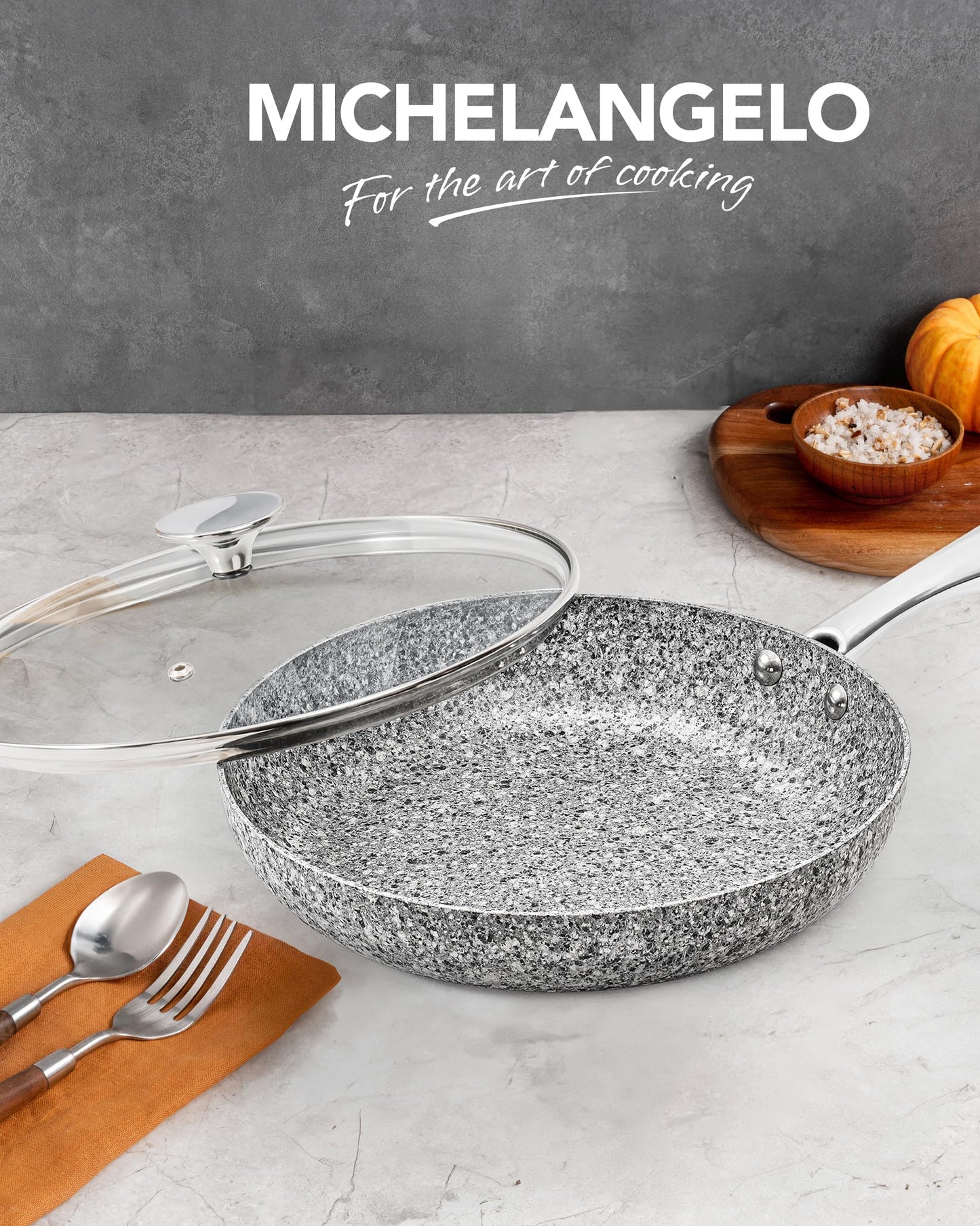 MICHELANGELO Non Stick Frying Pan with Lid 30CM, Non Stick Stone-Derived Coating, Large Pan, Induction Compatible-Oven Safe