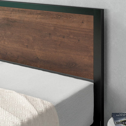 Zinus Mory Single Bed frame - Bed 90x190 cm - 30 cm Height - Metal and Wood Platform Bed frame with Wood slat support - Brown and Black