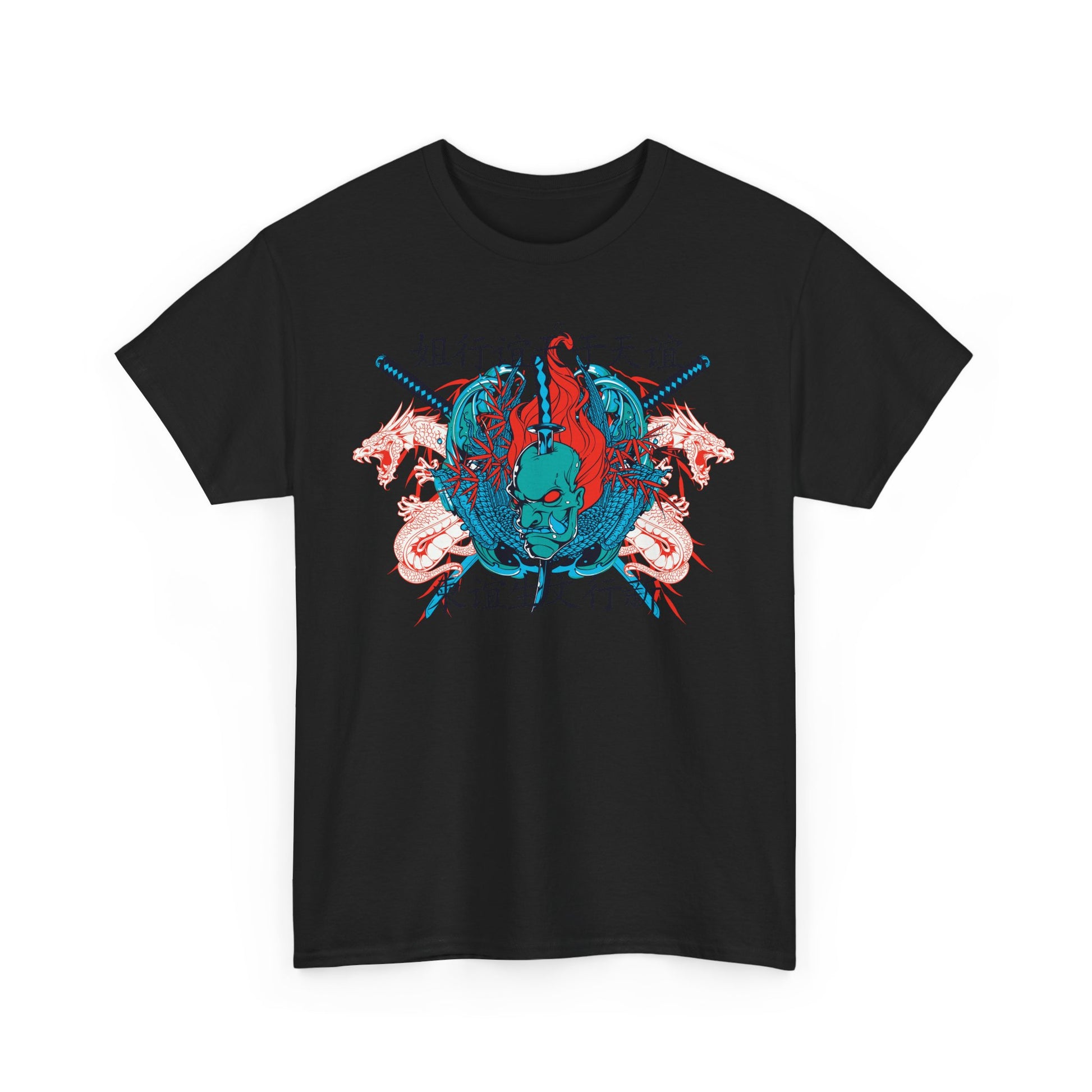 Front view of a stylish black men's t-shirt adorned with a striking oni warrior graphic, coupled with dynamic katanas and dragons, a perfect blend of artistry and modern flair.