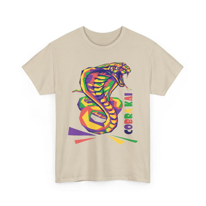 Unisex stylish T-shirt with a striking Cobra Kai snake graphic in radiant colours against a subtle beige backdrop, combining modern art with classic martial arts charm.