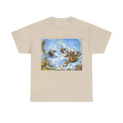 Discworld The Light Fantastic Graphic Unisex T Shirt Tee in beige featuring vibrant artwork showcasing a whimsical fantasy scene from Terry Pratchett's Discworld.