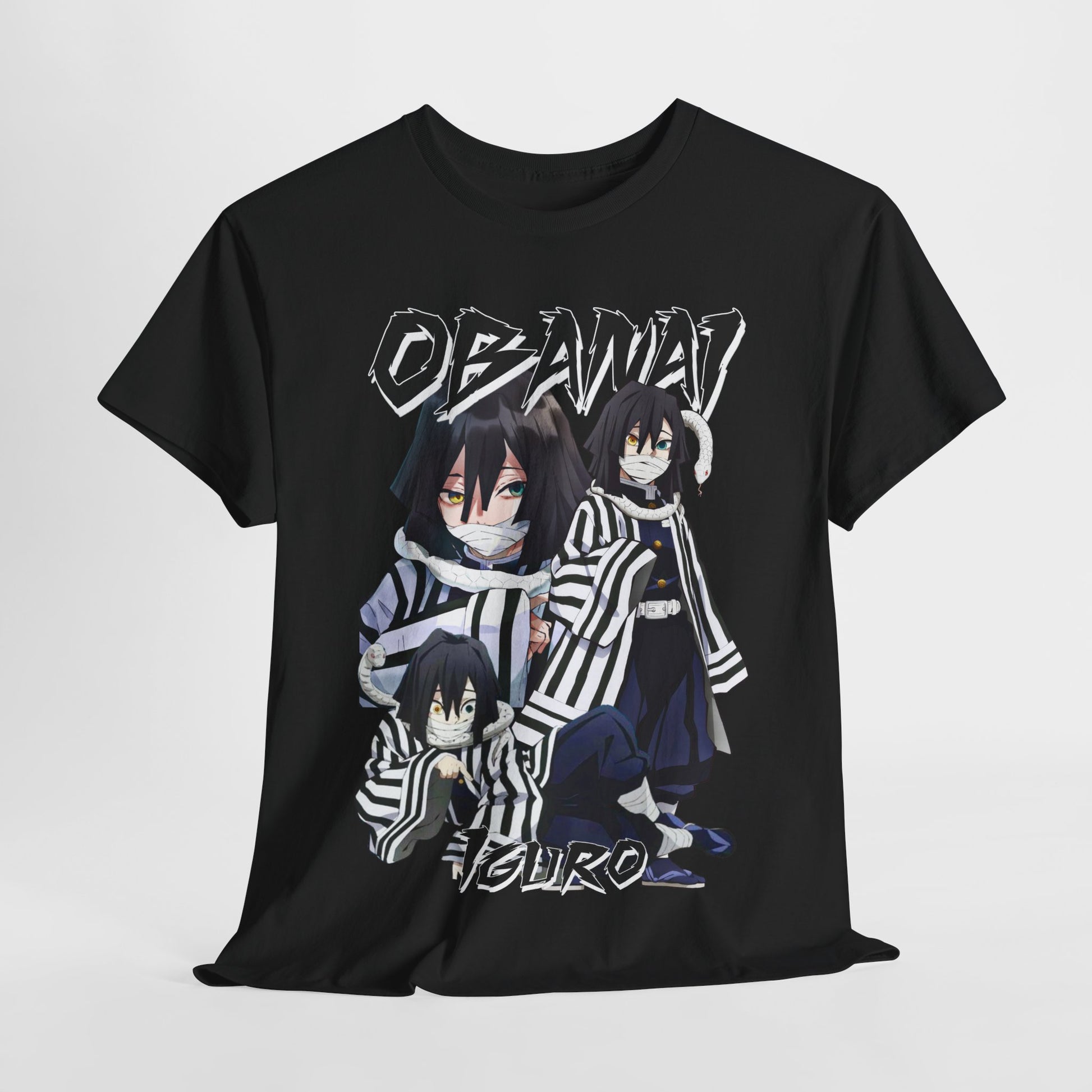 Artistic display of a black T-shirt featuring Obanai Iguro graphics, designed for luxury comfort and anime fandom expression.