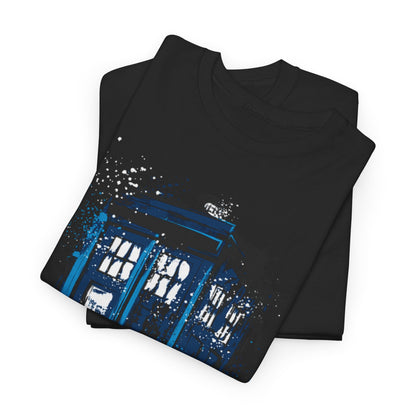 Sophisticated Dr Who Tardis Unisex Graphic T-Shirt, elegantly folded, displaying a stunning blue police box design, a must-have for discerning fans.