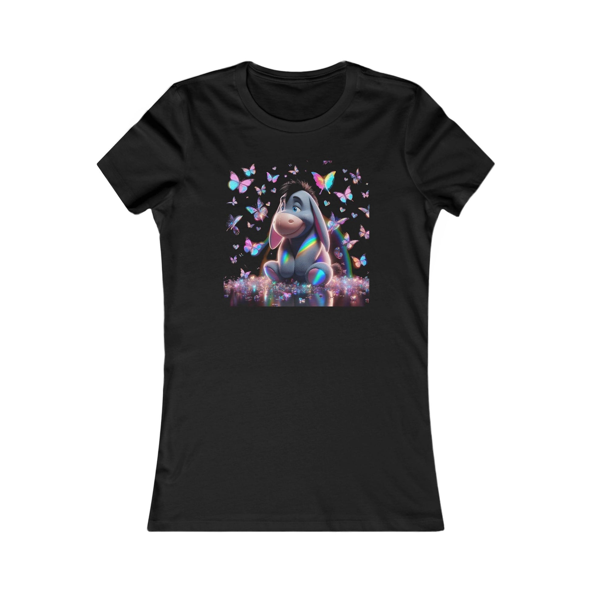 Iridescent Magic Eeyore Women's Cotton T-Shirt Tee featuring a charming cartoon Eeyore surrounded by iridescent butterflies on a dark background, exuding whimsy and elegance.