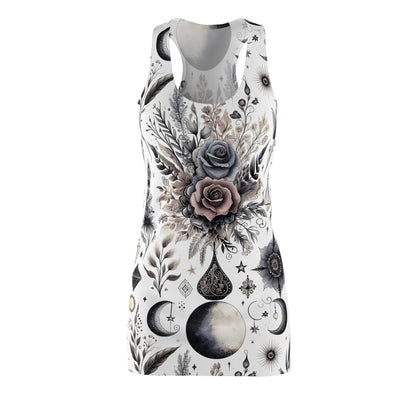 Elegant Designer Racerback Dress for Women displayed front view, featuring an intricate floral and celestial pattern, ideal for stylish summer occasions.