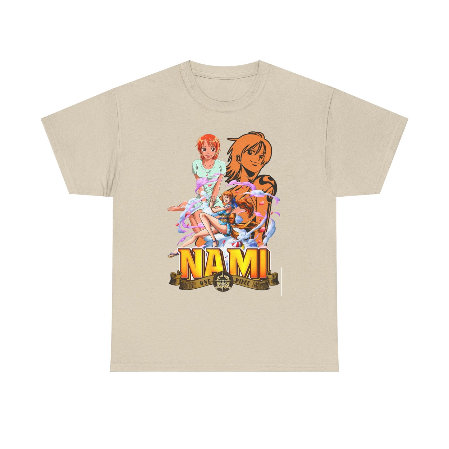 Elegant men's t-shirt featuring vibrant Nami anime art from One Piece, beautifully printed in a serene beige hue, perfect for anime enthusiasts seeking stylish comfort.