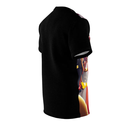 Close-up of the eye-catching cartoon design on the Celebrity Glamour Cartoon Tee, celebrating celebrity culture with elegance by Dazzling Dreams Studio.