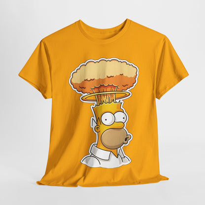 Homer Mind Blown Graphic T-Shirt Urban Unisex Cotton Tee displayed on a vibrant yellow fabric featuring an artistic depiction of Homer Simpson with a nuclear mushroom cloud design.