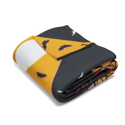 Luxurious Decorative and Warm Halloween Spooky Arctic Fleece Blanket folded beautifully, showcasing a vibrant design with bats and a vivid moon, ideal for cosy autumn evenings.