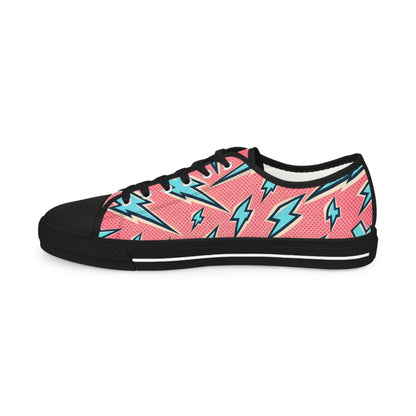 Lifestyle shot of Zara Thunderstrike Pop Art Pattern Sneakers, featuring a bold pink and blue design, perfect for elevating any casual outfit from Printify.