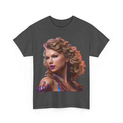 Front view of the Swifties psychedelic Taylor Swift Heavy Cotton Tee, featuring a vibrant and artistic image of Taylor Swift, perfect for fans and collectors.