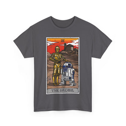 The Droids Tarot Card Graphic T-Shirt Urban Unisex Cotton Tee featuring C-3PO and R2-D2 against a desert sunset backdrop, celebrating Star Wars fandom with luxurious design.