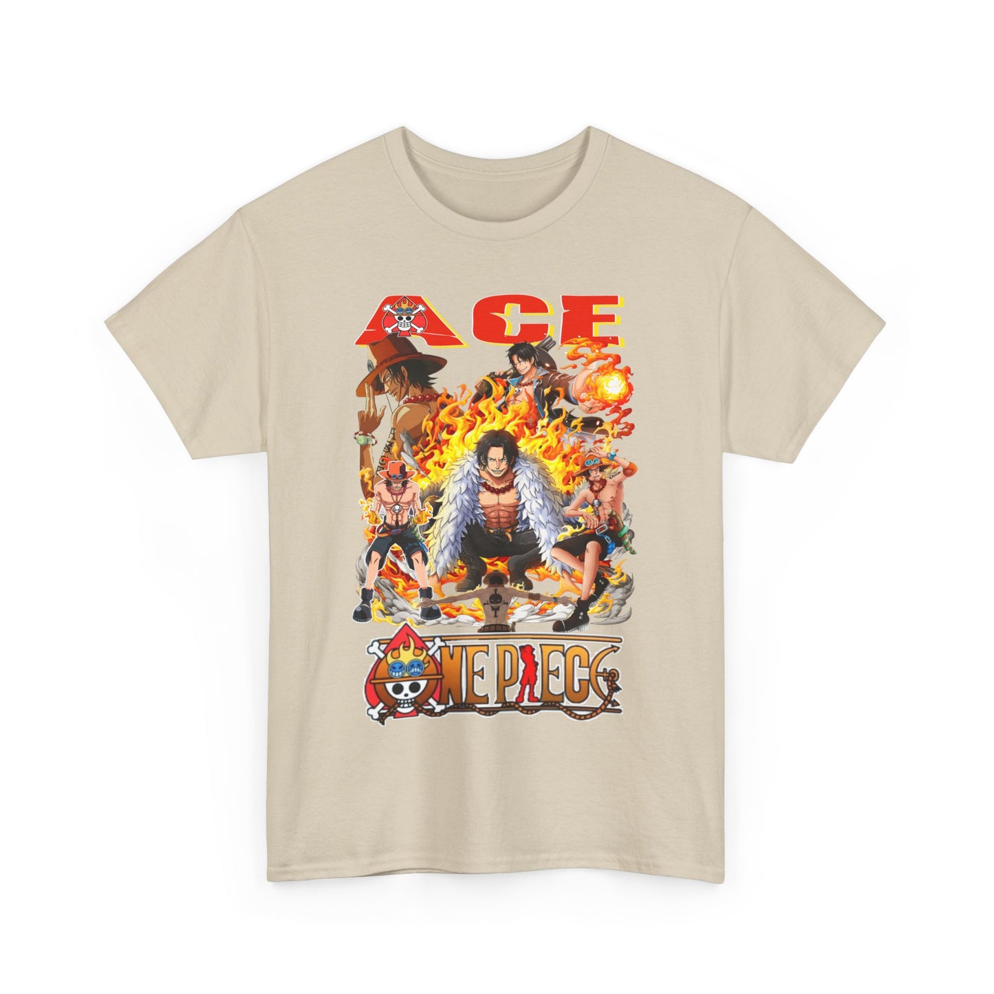 Luxurious beige anime graphic t-shirt featuring a vibrant design showcasing Ace from One Piece, surrounded by iconic characters and fiery graphics.