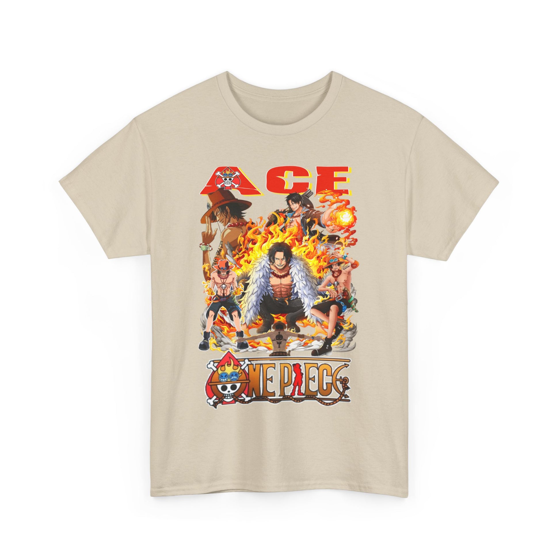 Luxurious beige anime graphic t-shirt featuring a vibrant design showcasing Ace from One Piece, surrounded by iconic characters and fiery graphics.