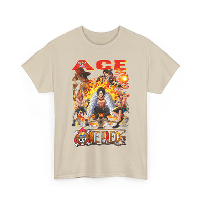 Luxurious beige anime graphic t-shirt featuring a vibrant design showcasing Ace from One Piece, surrounded by iconic characters and fiery graphics.