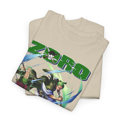 Folded beige anime graphic t-shirt displaying vibrant illustrations, perfect for stylish layering or casual wear.