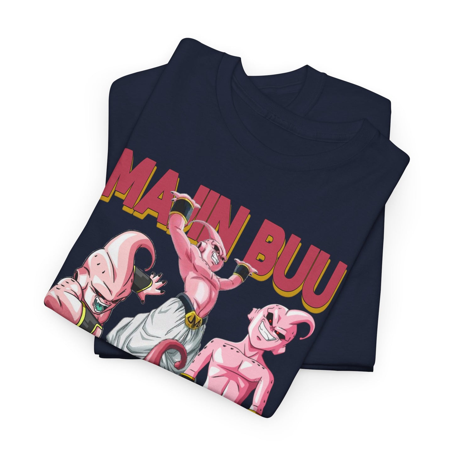 Stacked Majin Buu t-shirts in luxurious navy fabric, highlighting colourful graphic designs with iconic characters, emphasizing a statement of style and anime culture.