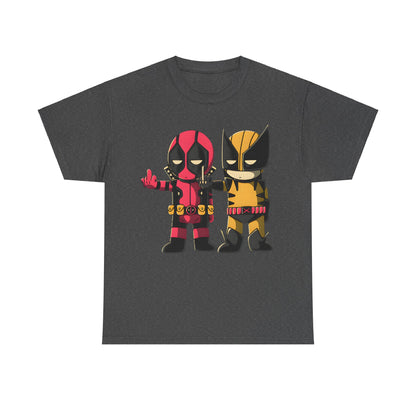 Luxury Deadpool and Wolverine humorous graphic unisex tee shirt featuring chibi style artwork, showcasing Deadpool in red and black and Wolverine in yellow and black, perfect for comic fans.