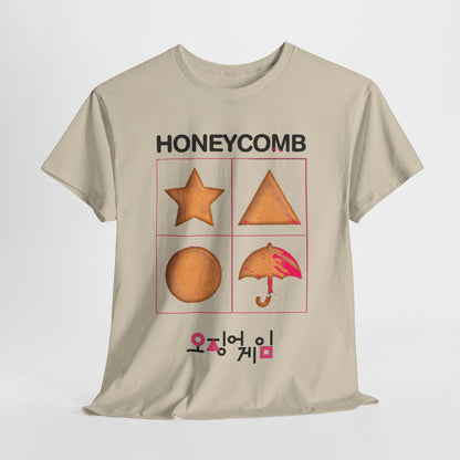Elegant Squid Game Unisex Men’s Women’s Graphic Cotton Funny T-Shirt Tee in beige featuring iconic honeycomb shapes and stylish text, perfect for street and urban fashion.