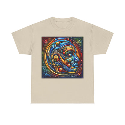 Stained Glass Dreams Unisex T-Shirt in beige illustrating a unique and eye-catching design of a face adorned with colourful mechanical details.