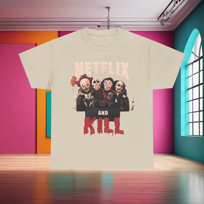 Elegant Netflix and Kill Graphic T-Shirt displayed in a chic setting, featuring iconic horror characters in a whimsical design, emphasising premium quality.