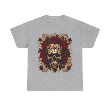 Skulls and Roses Cotton Tee displayed in a classic grey, emphasising a beautiful skull graphic adorned with vibrant red roses, blending elegance and rebellion.