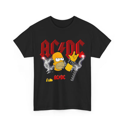 Homer Rock & Roll Unisex Cotton Tee Graphic T Shirt featuring Homer Simpson in a rebellious pose with an AC/DC logo and lightning effects on a stylish black backdrop.