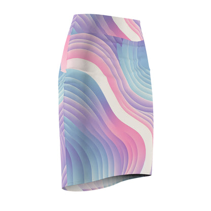 Valerie Couture Pencil Skirt by Dazzling Dreams Studio featuring an elegant pastel pattern in hues of pink, purple, and blue, designed for a sophisticated look.