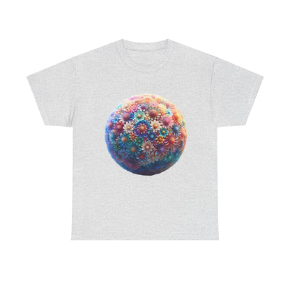 Iridescent Floral Sphere Unisex Cotton Tee Graphic T Shirt in grey, adorned with a stunning iridescent floral sphere graphic, perfect for an elegant casual wear.