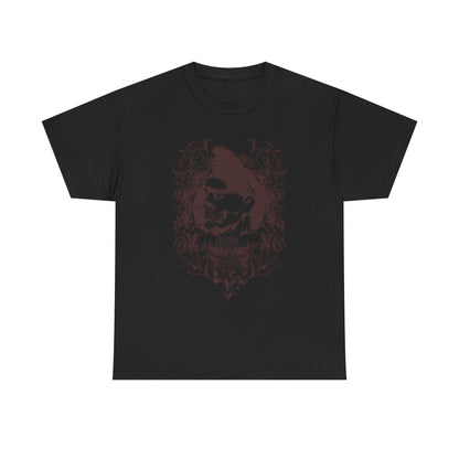 Men's sophisticated black t-shirt with a detailed zombie graphic and elegant baroque embellishments, exuding a fierce and bold fashion statement.