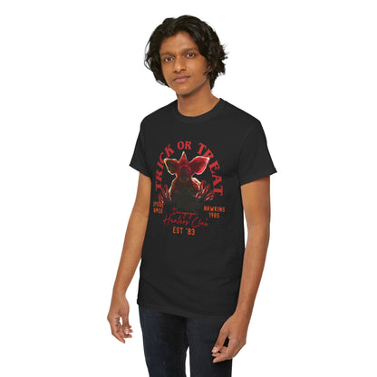 Trendy black graphic t-shirt showcased on a model, displaying a vibrant Demogorgon design, tailored for those with a taste for 1980s nostalgia and chic streetwear.