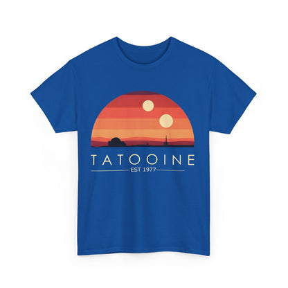 Tatooine Graphic Unisex Tee Shirt in a vibrant blue, showcasing a stunning sunset design with two suns and the text 'TATOOINE EST 1977', perfect for luxury style enthusiasts.