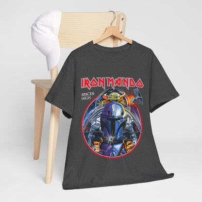 Stylish Iron Mando Graphic Tee displayed casually on a wooden chair, adorned with a chic white cap, illustrating a bold Mandalorian artwork that's perfect for fashion-forward Star Wars enthusiasts.