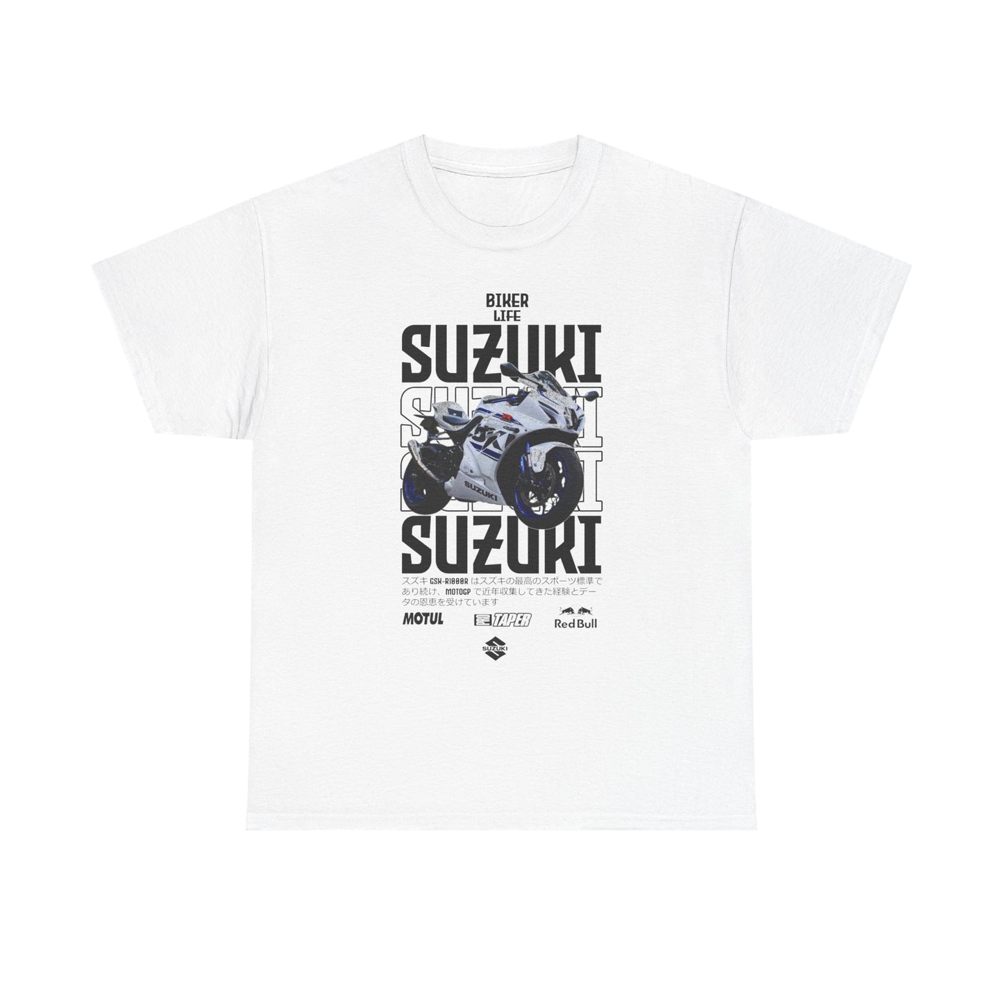 Exclusive Suzuki GSX-R men's t-shirt featuring a striking design with the iconic Suzuki GSX-R1000R motorcycle and bold typography, perfect for biker enthusiasts who appreciate luxury and style.