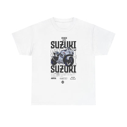 Exclusive Suzuki GSX-R men's t-shirt featuring a striking design with the iconic Suzuki GSX-R1000R motorcycle and bold typography, perfect for biker enthusiasts who appreciate luxury and style.