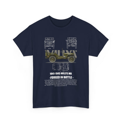 Luxurious navy t-shirt showcasing a vintage illustration of the 1941-1945 Willys MB jeep, embellished with intricate detailing and text, perfect for military enthusiasts.
