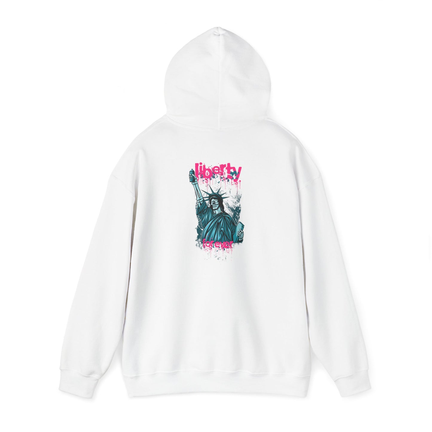 Artistic white hoodie featuring a striking back graphic of the Statue of Liberty in vibrant urban style, a statement piece for the avant-garde.