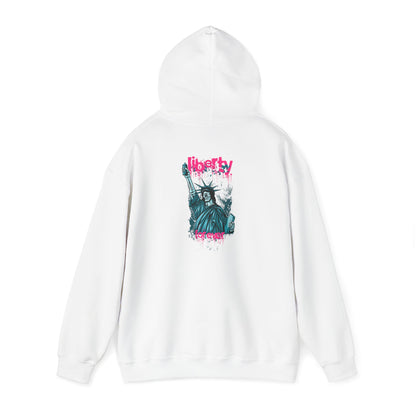 Artistic white hoodie featuring a striking back graphic of the Statue of Liberty in vibrant urban style, a statement piece for the avant-garde.
