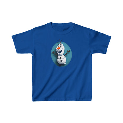 Kids Cute Frozen Olaf T-shirt in royal blue, adorned with Olaf's charming image, created from durable heavy cotton for long-lasting wear.