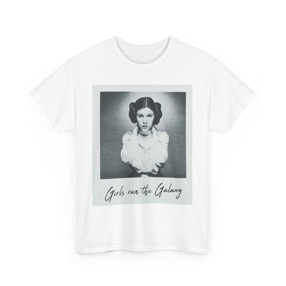 Star Wars Princess Leia 'Girls Run the Galaxy' graphic tee in white, showcasing a vintage-inspired print highlighting the iconic character with the empowering phrase.